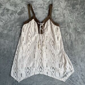 Boho Western Lace Tank Top Suede Trim Lace Up Festival Desert Cowgirl M